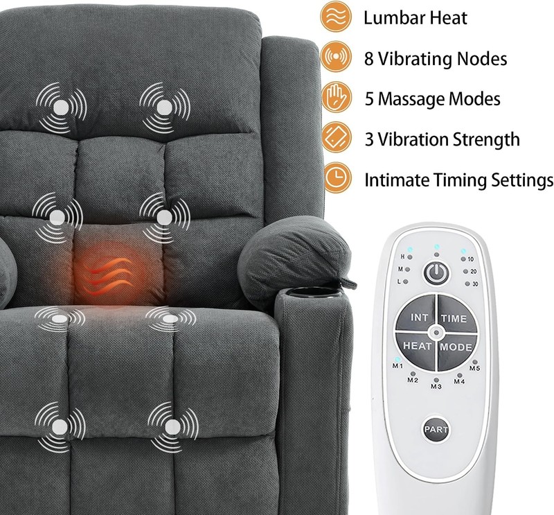 Power Lift Recliner Chair for Elderly Heat Massage USB Cup Holders Grey Fabric gallery