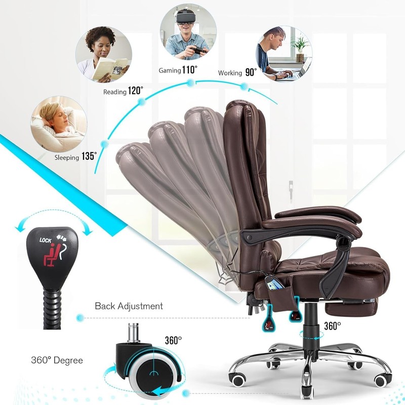 Executive Massage Office Chair with Heat, Reclining Footrest, Brown Leather gallery