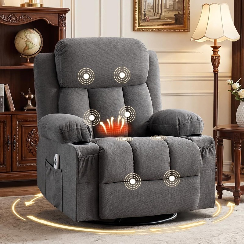 Swivel Rocker Recliner Chair W/ Vibration Massage & Lumbar Heating Ergonomic