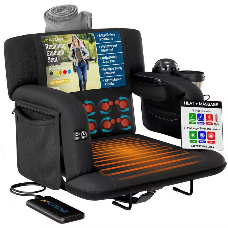 Premium Heated Massage Reclining Stadium Seat 21 In. Wide Bleacher Chair W/ Back