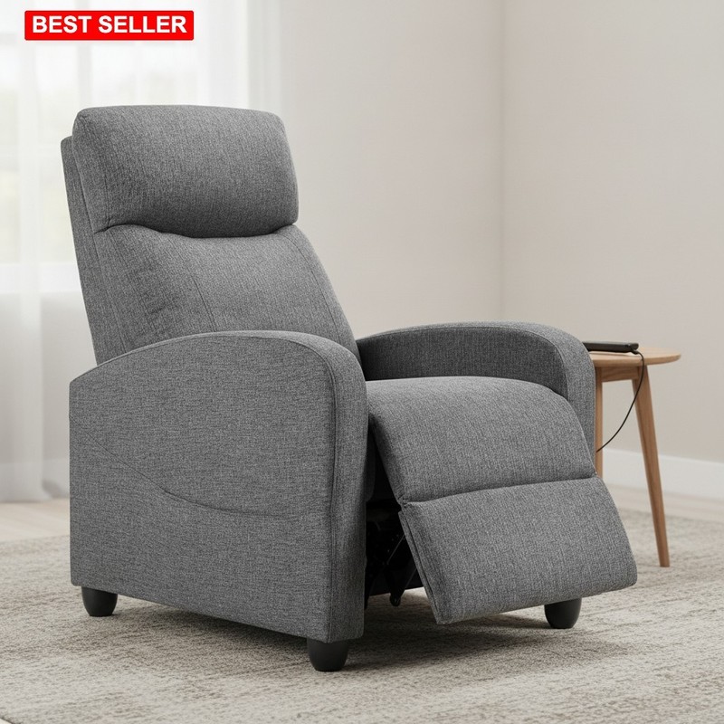 Recliner Chair Adults 34.3d x 26.7w x 38.6h Grey Fabric Upholstered Back