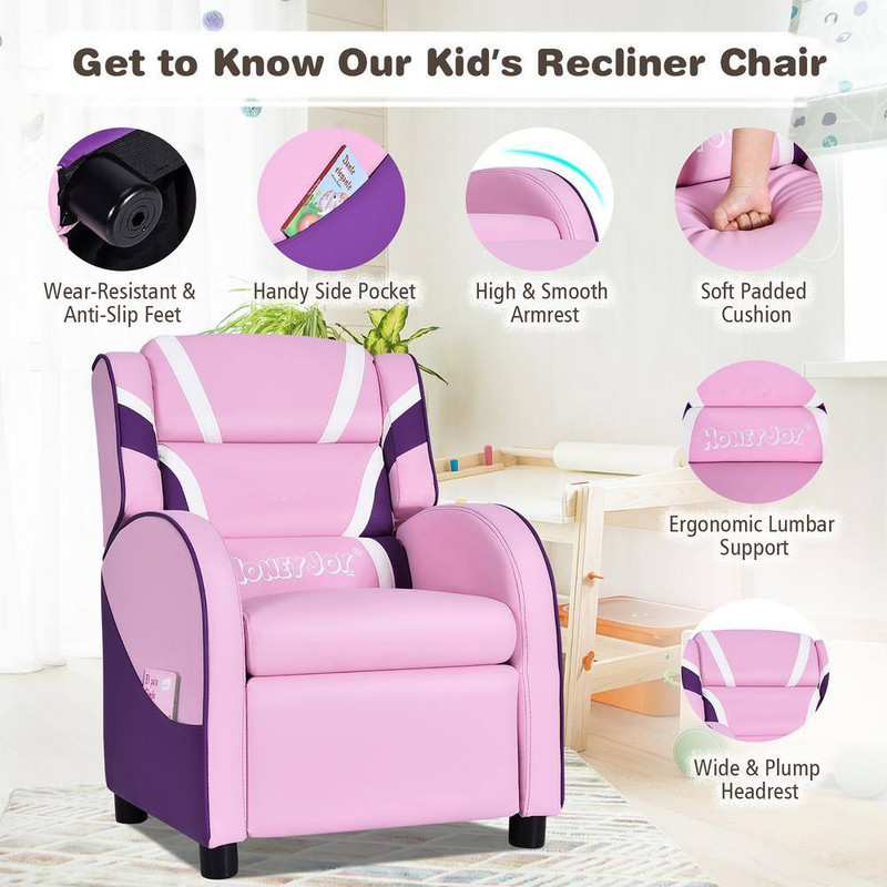 Pink Faux Leather Upholstery Kids Recliner Gaming Sofa W/Side Pockets gallery