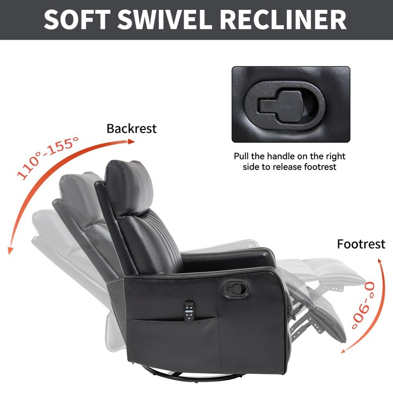 Faux Leather Heat Massage Manual Recliner 360° Swivel Rocker Black 155° Recline gallery