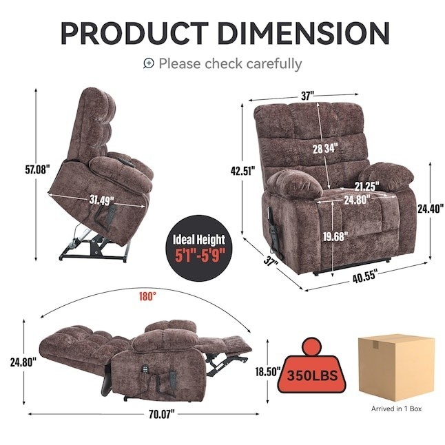 GZMR Dual Motor Power Lift Recliner w/ Heat & Massage, Brown Chenille gallery
