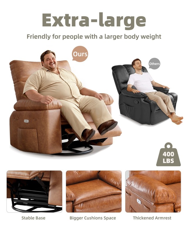 Swivel Rocker Recliner Chair 27" PU Leather Heat Massage 360° Remote Wide Seat gallery