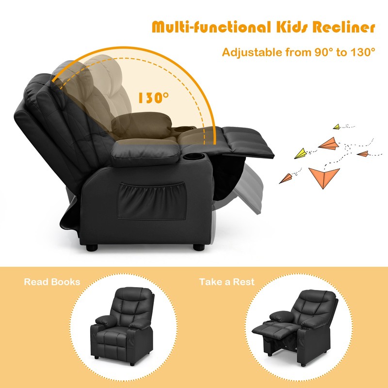Costway Kids Youth Recliner Chair PU Leather w/Cup Holders & Side Pockets Black gallery