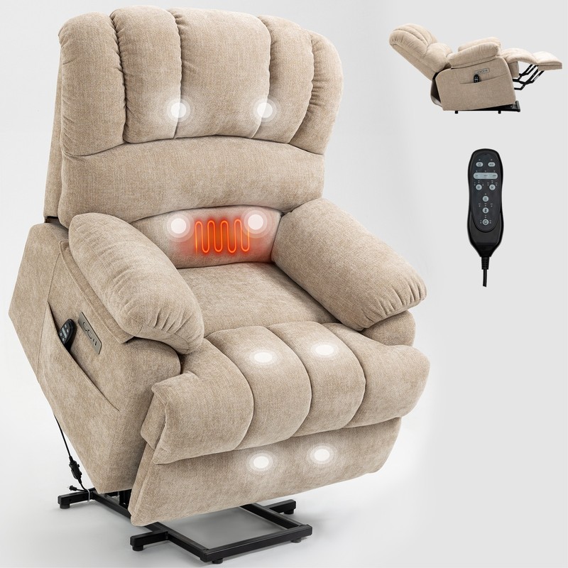 Large Power Lift Recliner Chair High Back Chenille 8-Point Massage Heat 23" Wide