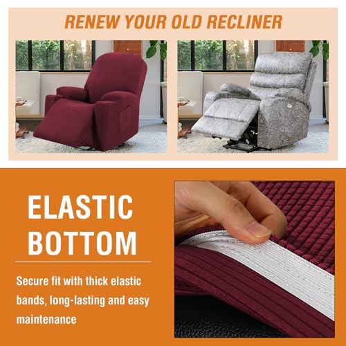 High Stretch Recliner Slipcover with Side Pocket Electric Power Lift Burgundy gallery