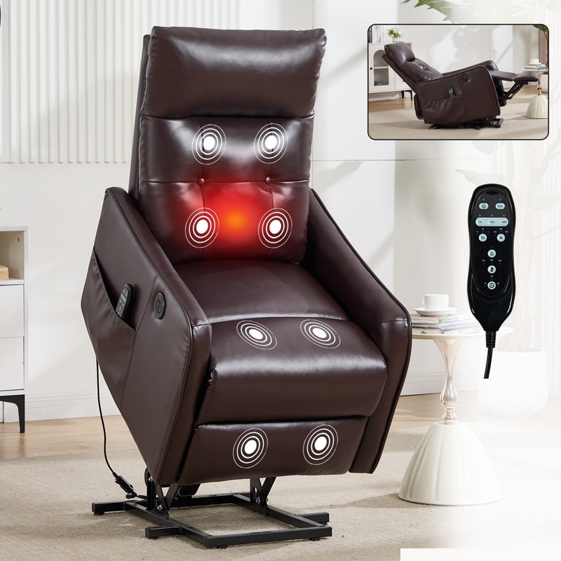 Power Lift Recliner Chair with Massage, Heat & USB, Brown, 155° Max Recline