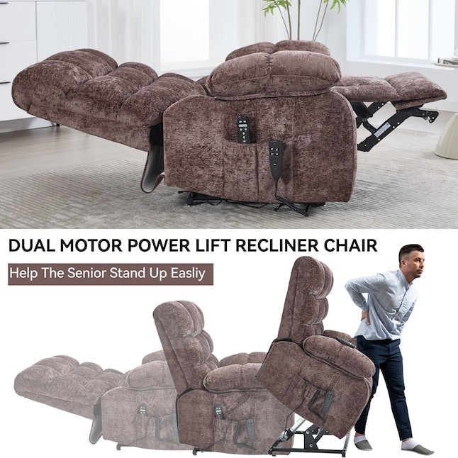 GZMR Dual Motor Power Lift Recliner w/ Heat & Massage, Brown Chenille gallery