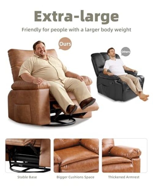Leather Recliner Chair - Heat and Massage, Swivel Rocker Manual Regular Cognac gallery