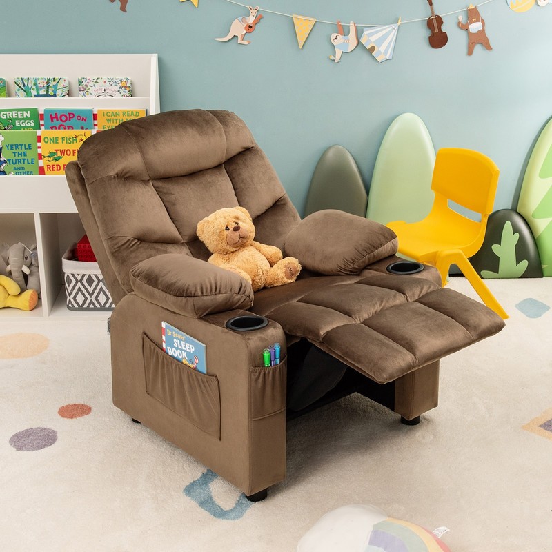 Costway Kids Youth Recliner Chair Velvet Fabric Armrest Sofa w/Cup Holder Brown gallery