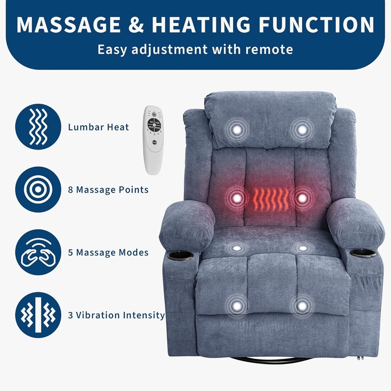 Oversized Swivel Rocking Recliner Chair,Heat&Massage,360° Swivel USB Cup Holders gallery