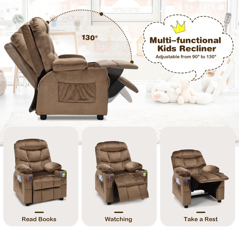 Costway Kids Youth Recliner Chair Velvet Fabric Armrest Sofa w/Cup Holder Brown gallery