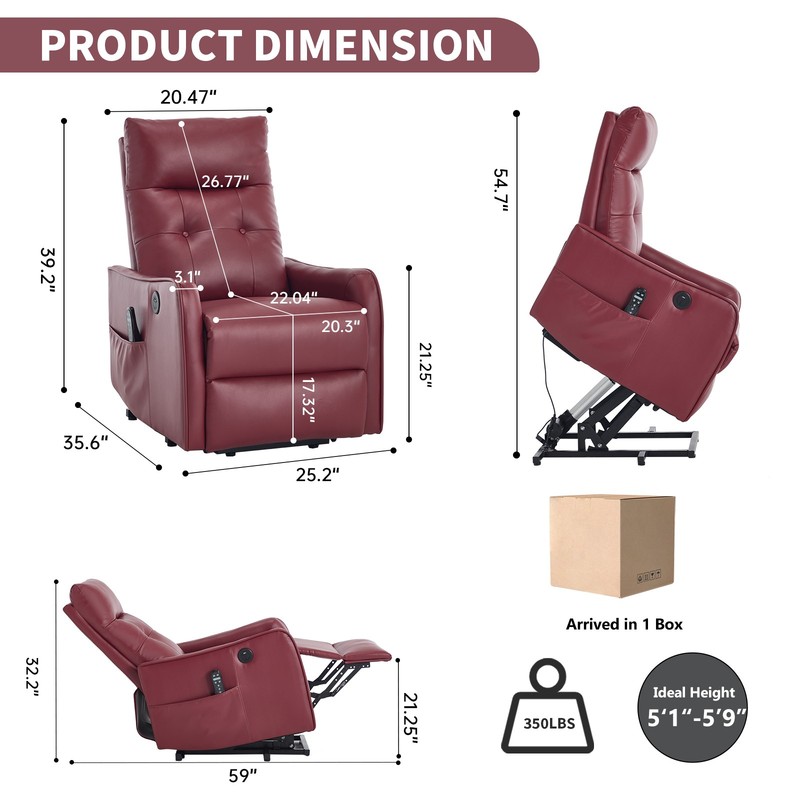 Power Lift Recliner Chair with Massage & Heat, Wine Red, 155° Max Recline gallery