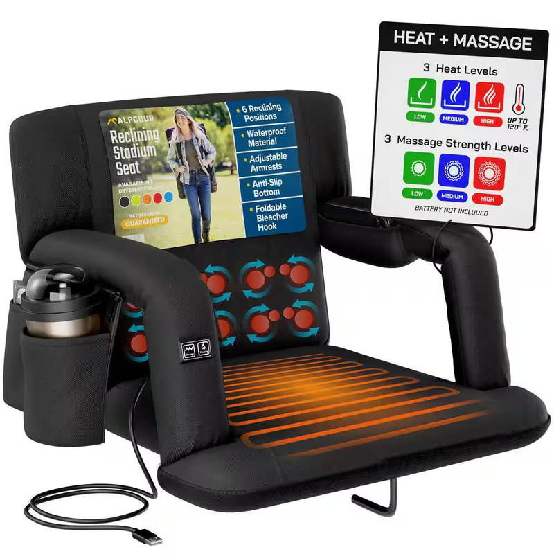 Heated Massage Reclining Stadium Seat - Wide Bleacher Chair with Back Support, C