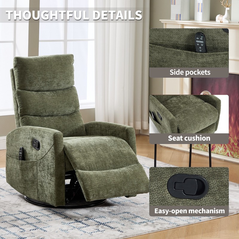 Green Fabric Recliner Chair with Massage, Heat, Rocker & Swivel gallery