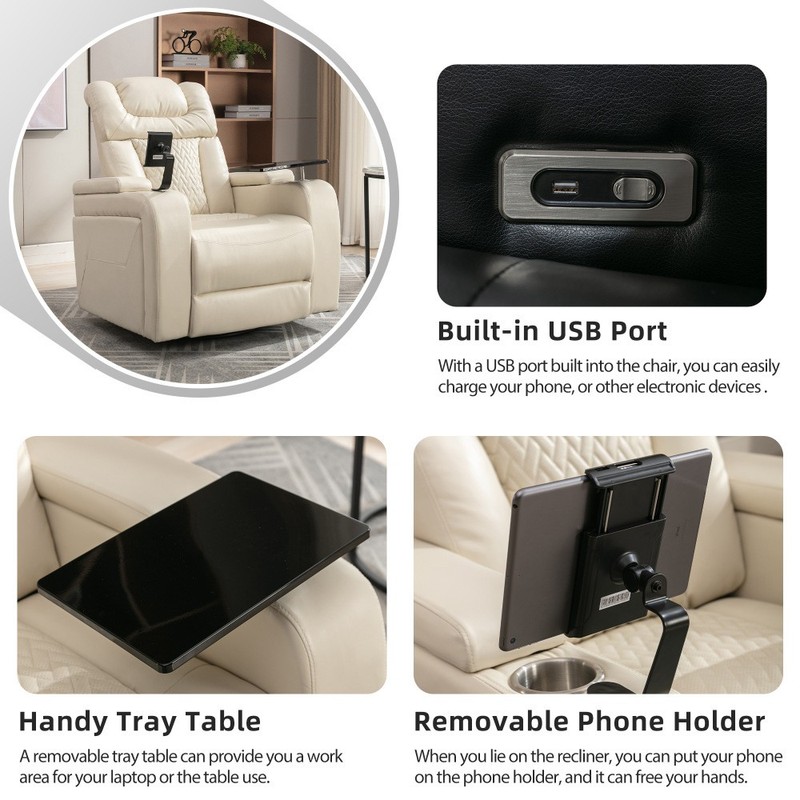 270° Swivel PU Leather Power Recliner w/Tray Table Phone USB Cup Hldrs Storage gallery
