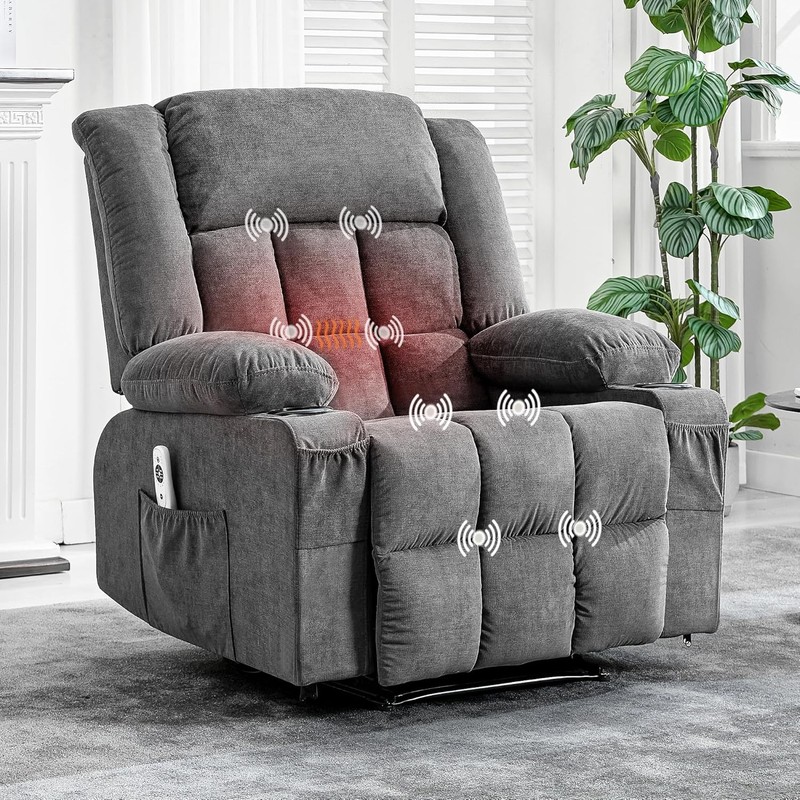 Gray Large Recliner Chair with Massage & Heat, 3 Positions Side & Front Pockets gallery