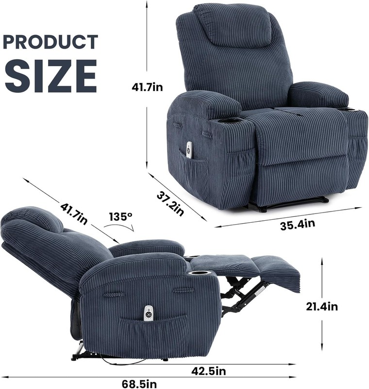 Electric Massage Recliner with Heat,Corduroy Adjustable Chair with Pockets Blue gallery