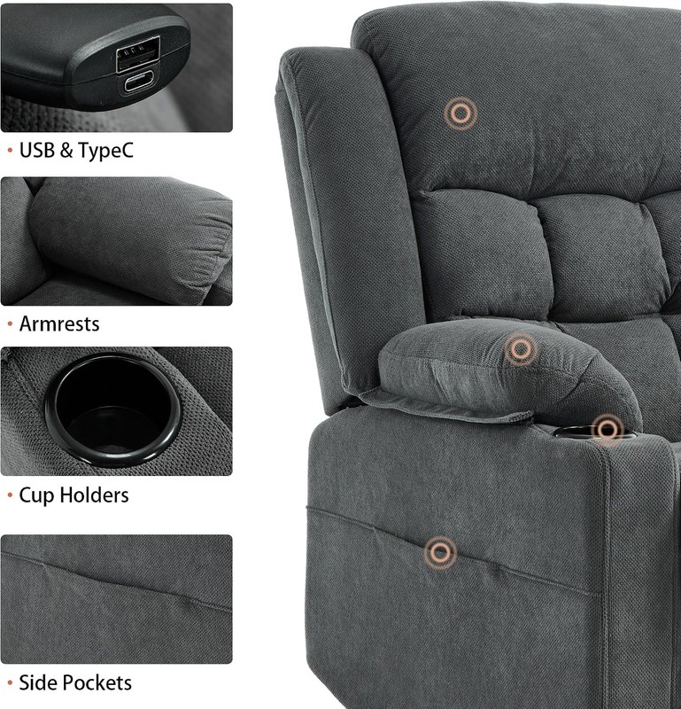 Power Lift Recliner Chair for Elderly Heat Massage USB Cup Holders Grey Fabric gallery