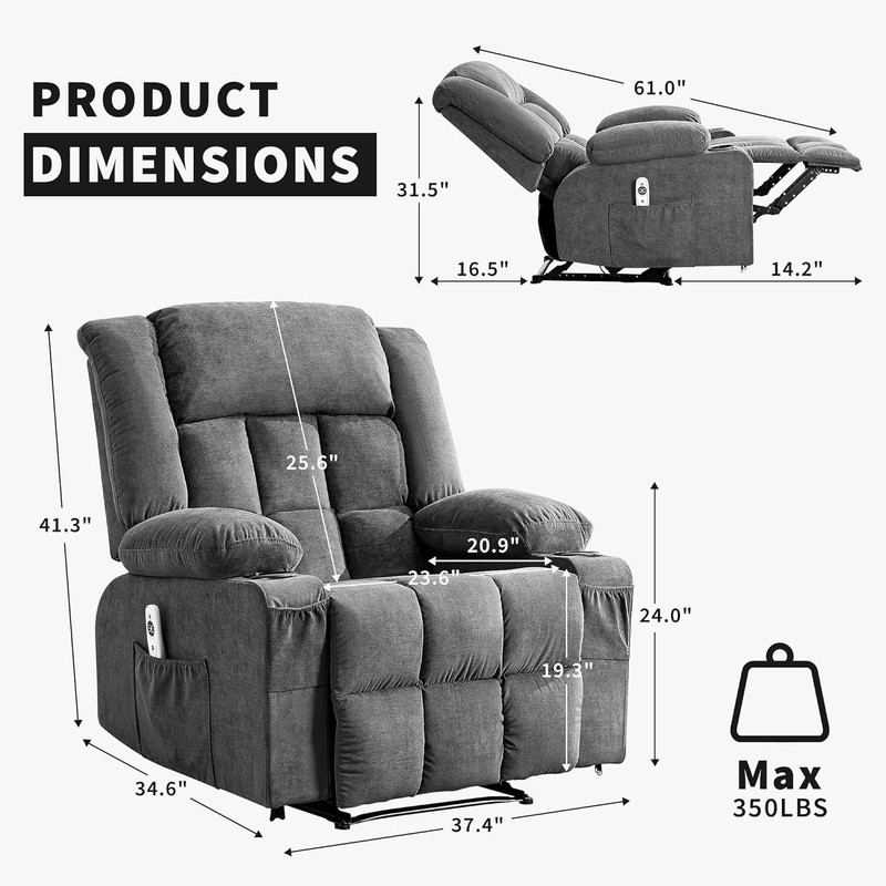 Gray Large Recliner Chair with Massage & Heat, 3 Positions Side & Front Pockets gallery