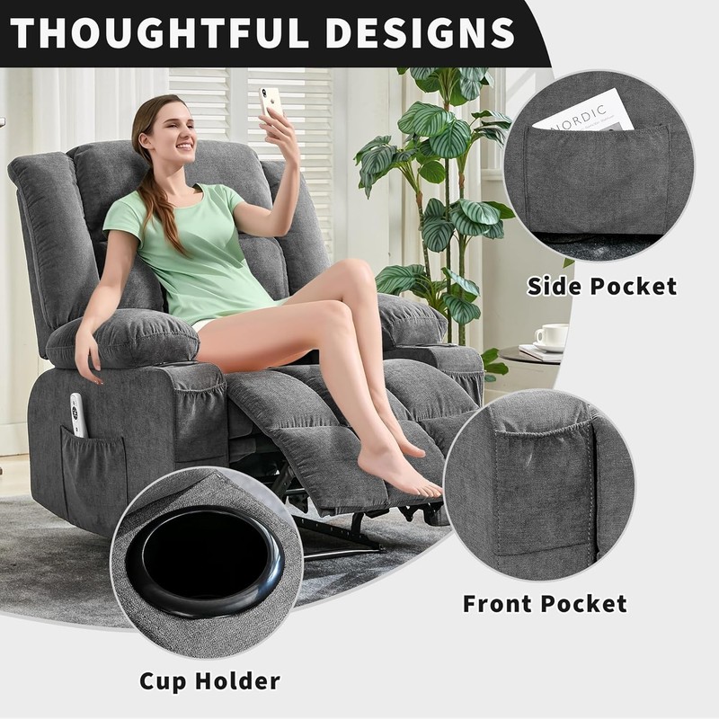 Gray Large Recliner Chair with Massage & Heat, 3 Positions Side & Front Pockets gallery