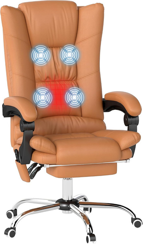 Executive Massage Office Chair, 4 Vibration, Heat, Light Brown | 3 Modes, PU Lea