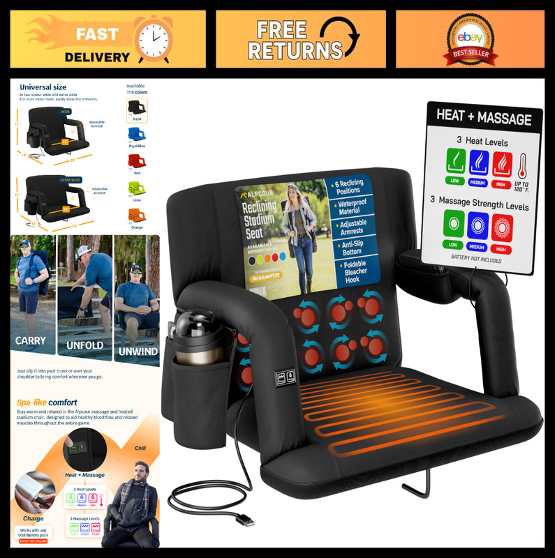 Deluxe Extra-Wide Heated Massage Bleacher Chair - Reclining Stadium Seat with Ba