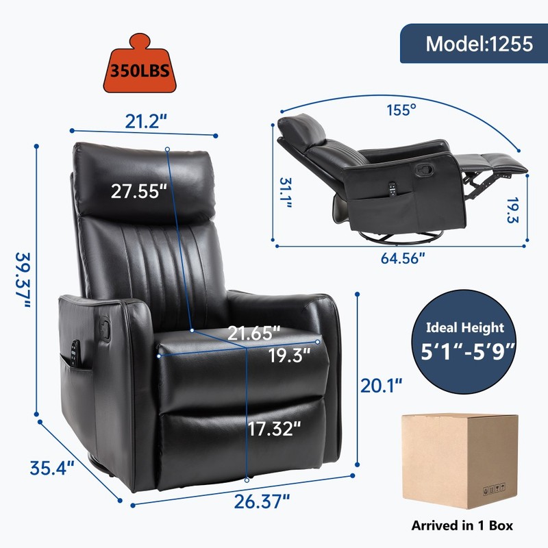 Faux Leather Heat Massage Manual Recliner 360° Swivel Rocker Black 155° Recline gallery