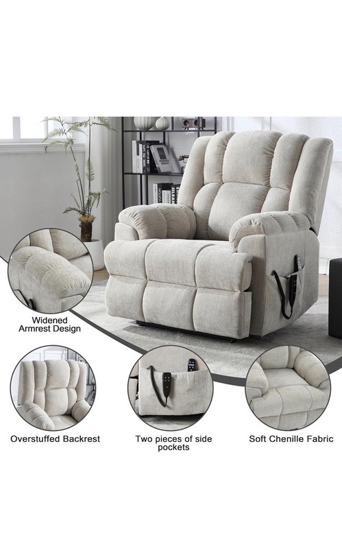 Heated Massage Recliner, Beige Chenille, Lumbar Heat, Remote, Pocket gallery
