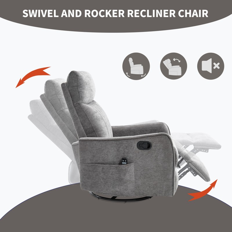 Dark Gray Fabric Recliner Chair with Massage, Heat, Swivel & Rocker gallery