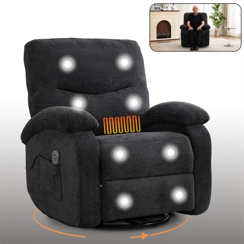 Heat Massage Manual Recliner Chair with Rocker Arms & Rotating Fabric Dark Grey