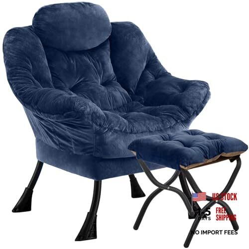 Lazy Chair with Folding Ottoman,Leisure Sofa Chair,Soft Fabric Plush Navy