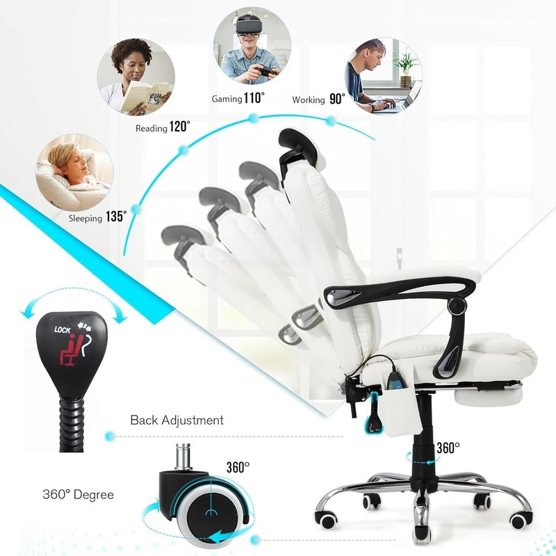 Massage Office Chair Heat Reclining Footrest Executive Chair White Leather gallery