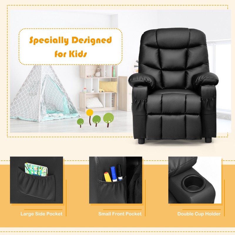 Costway Kids Youth Recliner Chair PU Leather w/Cup Holders & Side Pockets Black gallery