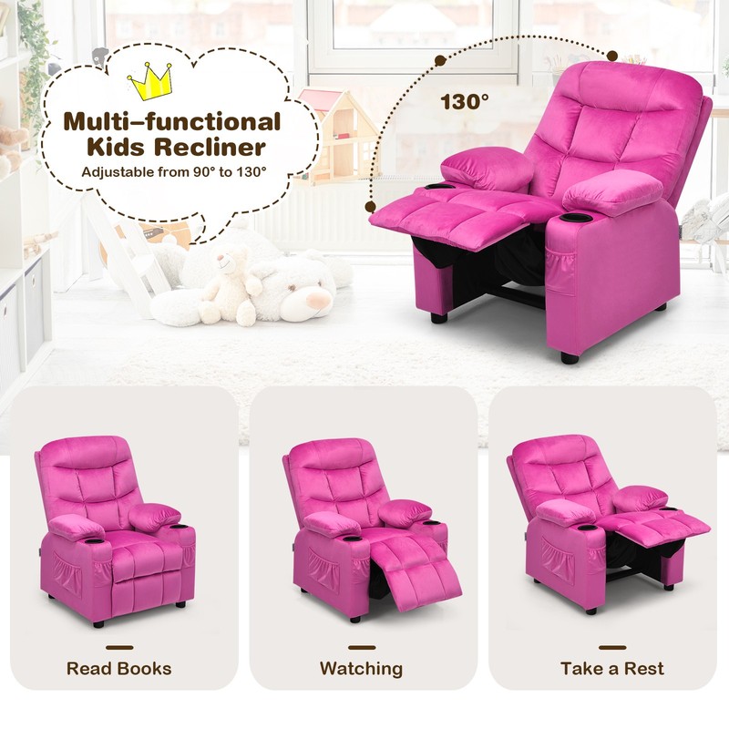 Honeyjoy Kids Youth Recliner Chair Velvet Fabric w/Cup Holder & Side Pocket Pink gallery