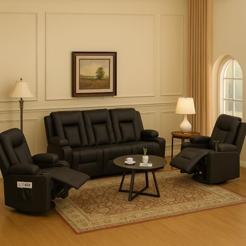 LUCKLIFE Leather Recliner Sofa Set with Manual Sofa+Chair+Chair gallery