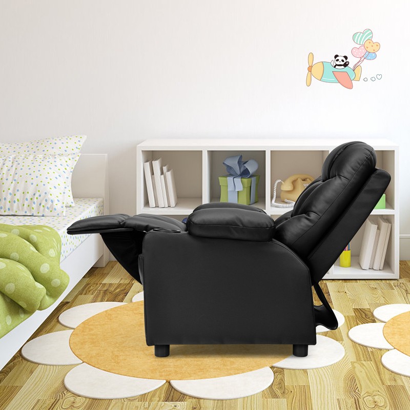 Honeyjoy Kids Youth Recliner Chair PU Leather w/Cup Holders & Side Pockets Black gallery