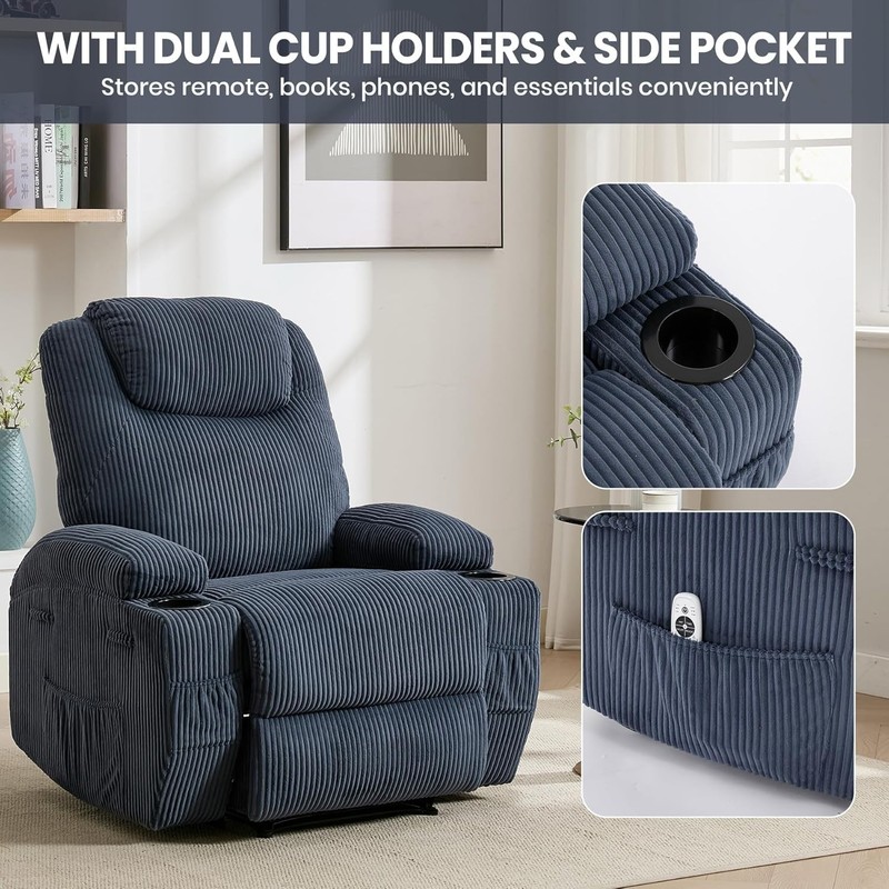 Electric Massage Recliner with Heat,Corduroy Adjustable Chair with Pockets Blue gallery