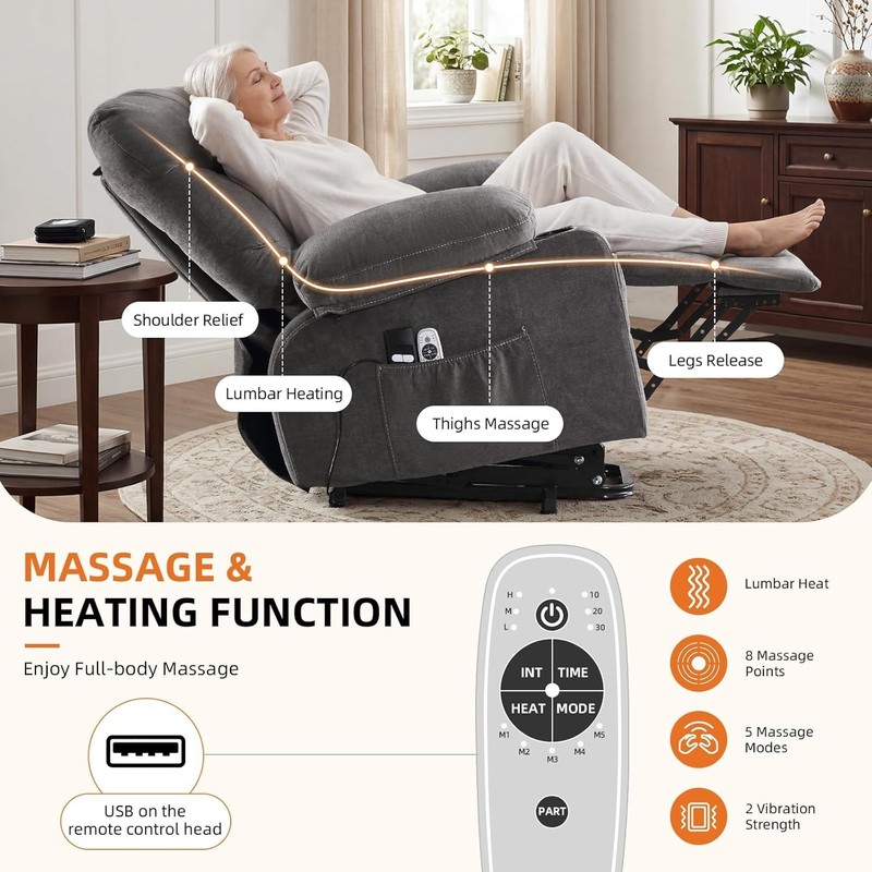Recliner Chair Power Lift Vibration Massage Lumbar Heating Textile Grey gallery