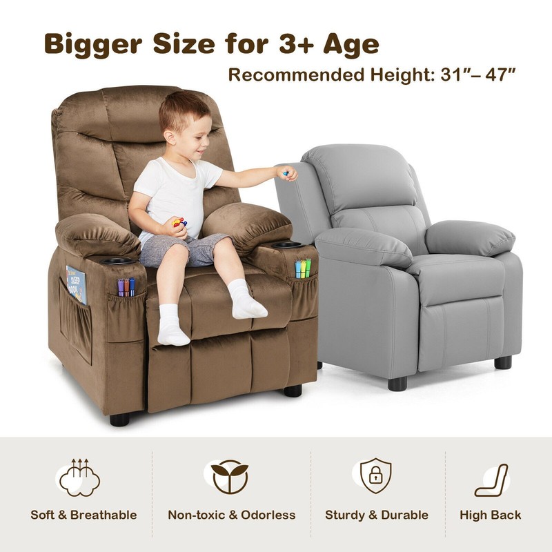 Kids Youth Recliner Chair Velvet Fabric w/Cup Holder & Side Pocket Brown gallery