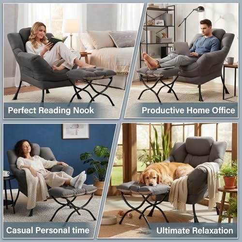 Lazy Chair with Ottoman, Large Dark Accent Chair with a Side Pocket, Grey gallery