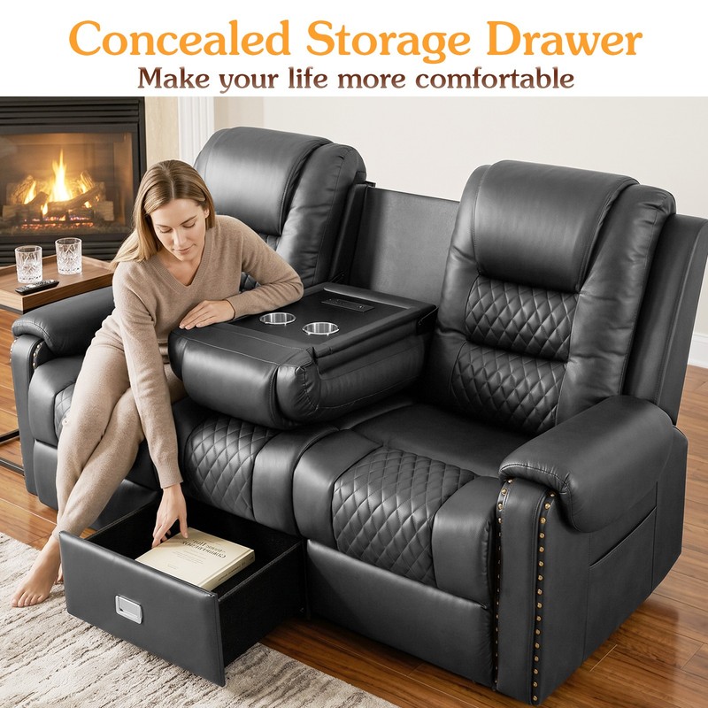 Black Heavy Duty 3Seat PU Leather Massage Chair Recliner Couch Sofa w/Drawer,USB gallery