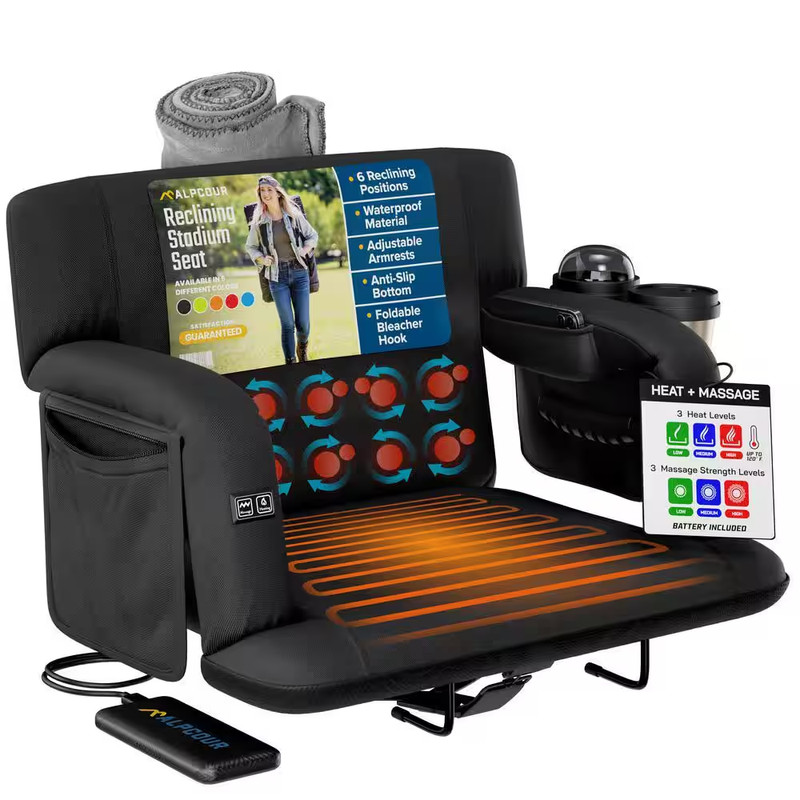 Premium Heated Massage Reclining Stadium Seat 24 In. Wide Bleacher Chair W/ Back