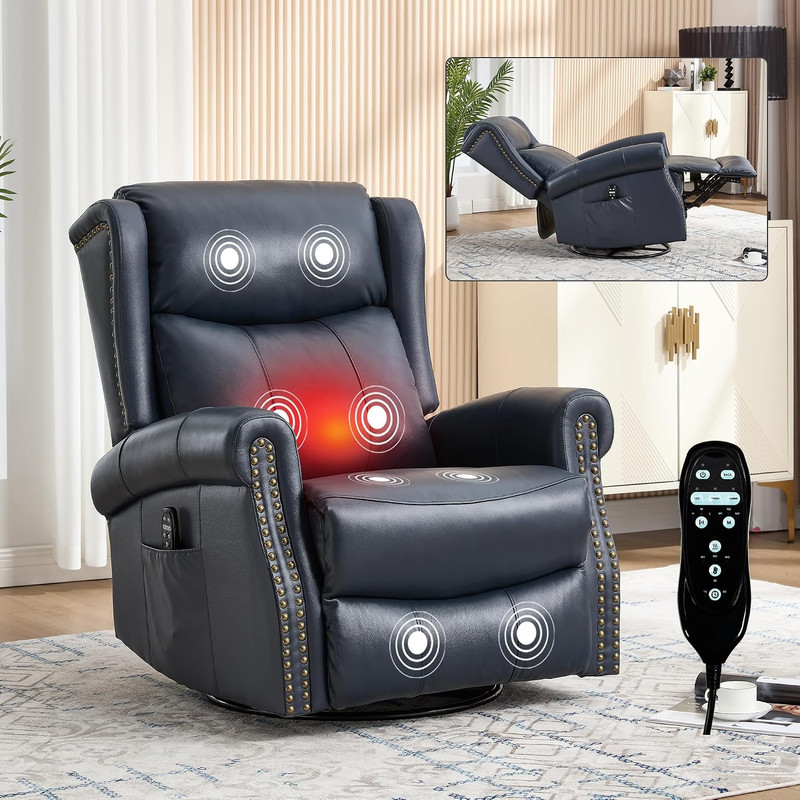 Heat Massage Recliner Chair with Rocker & 360° Swivel, Manual Handle Reclining L