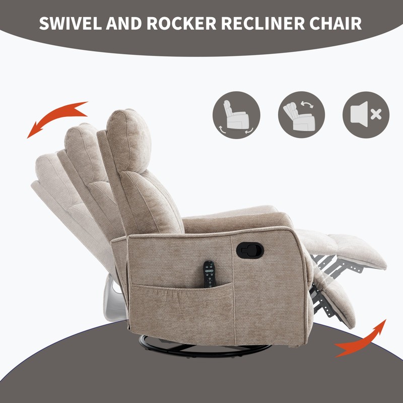 Khaki Manual Recliner Chair with Massage, Heat, Rocker & Swivel gallery