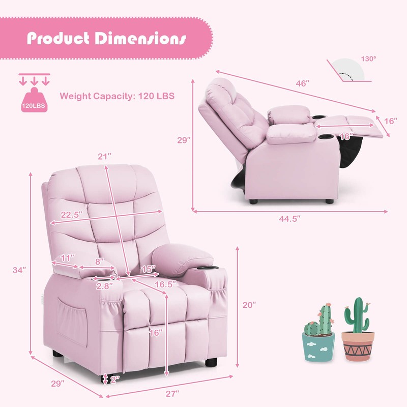 Honeyjoy Kids Youth Recliner Chair PU Leather w/Cup Holders & Side Pockets Pink gallery