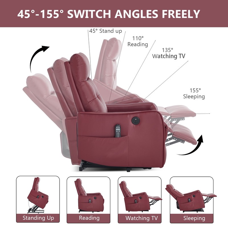Power Lift Recliner Chair with Massage & Heat, Wine Red, 155° Max Recline gallery