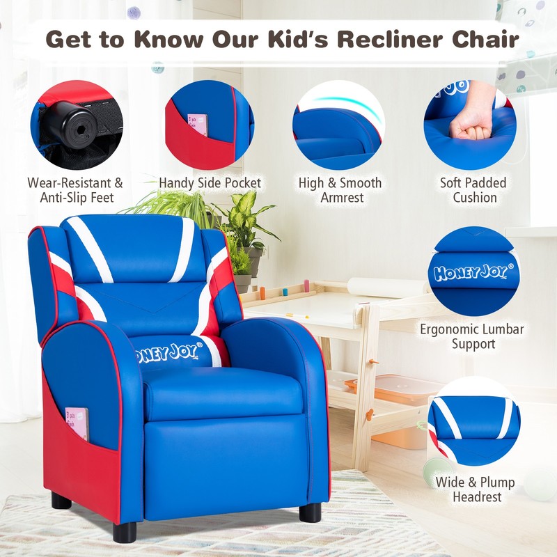 Honeyjoy Kids Recliner Chair Gaming Sofa PU Leather Armchair w/Side Pockets Blue gallery